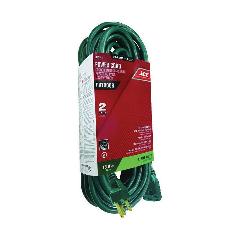 ACE OU-SJT163-015-G Extension Cord Combo Set, 125 V, SJTW Conductor, 16/3 AWG Conductor, 15 ft L