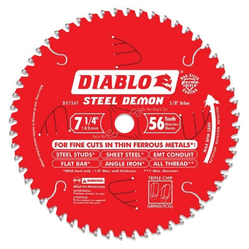 DIABLO Steel Demon D0756F Saw Blade, 7-1/4 in Dia, TCG Teeth, 56-Teeth, 2 deg Hook, 5/8 in Arbor, 5800 rpm Max Speed