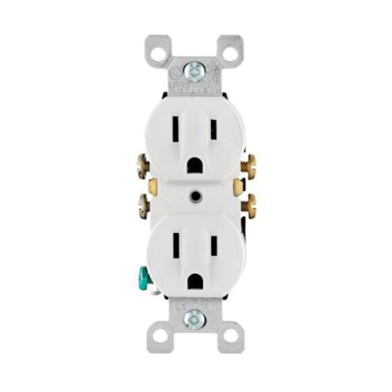 Leviton 5320-WCP Blade Receptacle With Ears, 125 VAC, 15 A, 2 -Pole, 3 -Wire, White