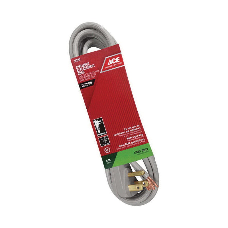 ACE IPS-006-006FGY Appliance Cord, 125 VAC, 16/3 AWG Conductor, 6 ft L, Gray