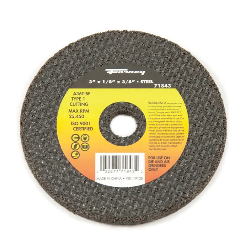 Forney 71843 Cut-Off Wheel, Type 1, Flat Wheel, 3 in Dia, 1/8 in Thick, 3/8 in Arbor, 36 Grit, Medium Grit