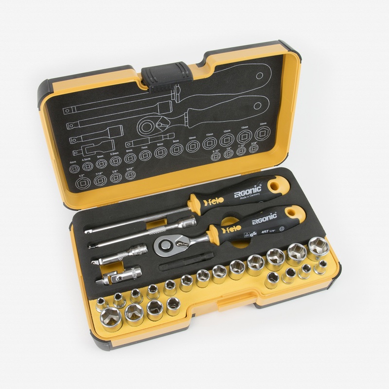 Felo R-GO 27 27pc Box Sockets, Ergonic Ratchet, Inch/Metric