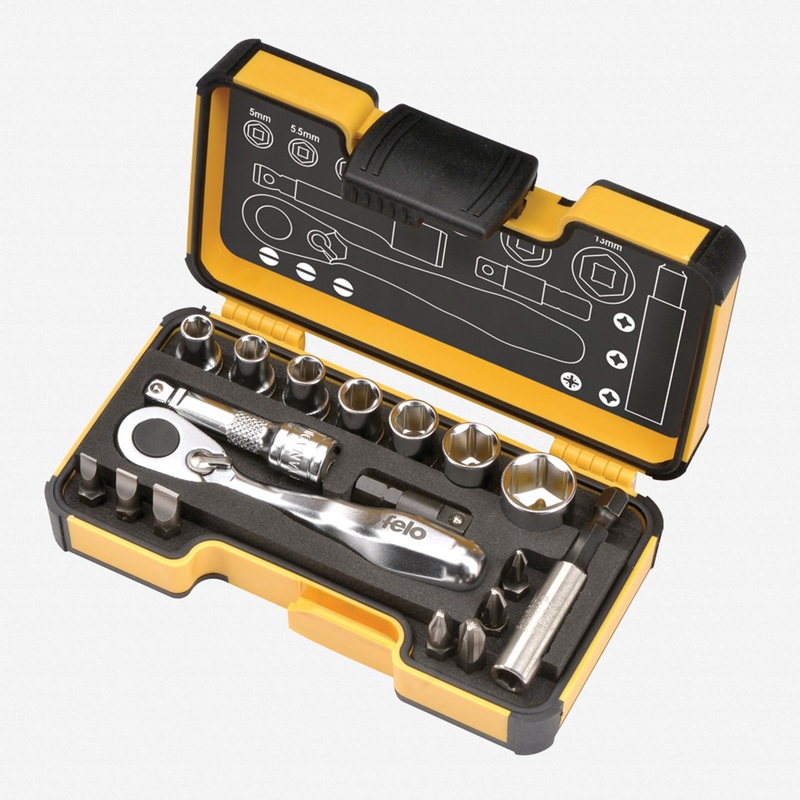 Felo XS 18pc Box Sockets, Bits, Mini Ratchet, Bitholder, INCH