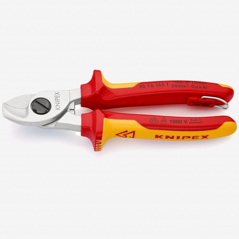 Knipex Insulated VDE Cable Shears with Chrome Finish, 6.5" - Tethered Attachment