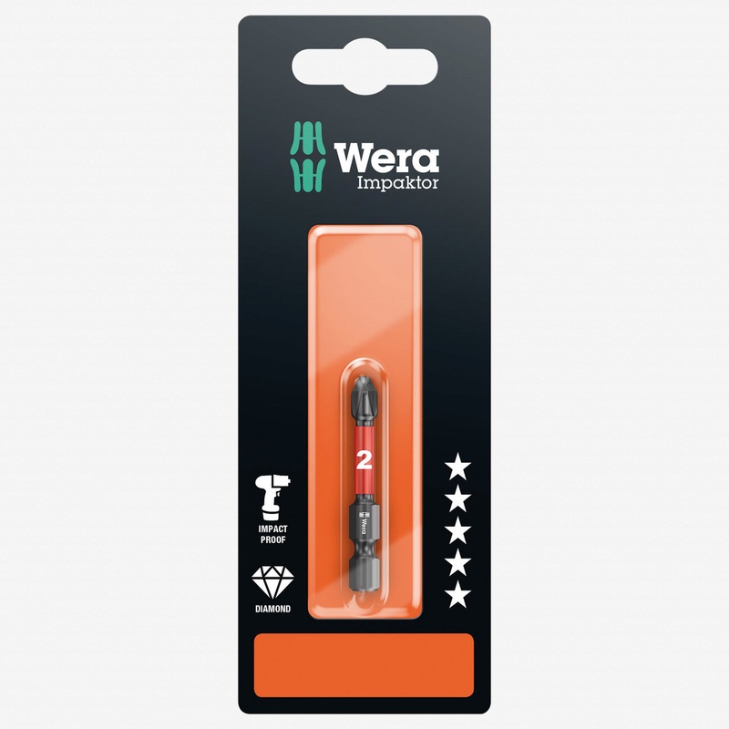 Wera 073956 #2 x 50mm Phillips Impaktor Diamond Coated Power Bit - Carded