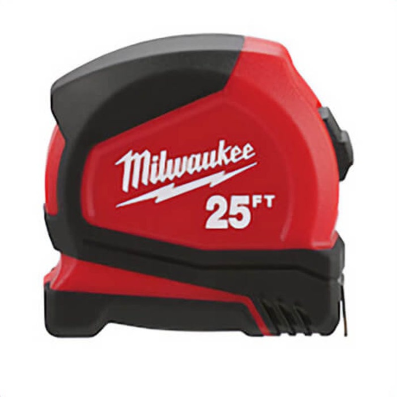 Milwaukee 48-22-6625 Compact Measuring Tape with Belt Clip, 25 ft L x 25 mm W Blade, Steel Blade, 1/16 in, 1/8 in, 1/4 in, 1/2 in Graduation