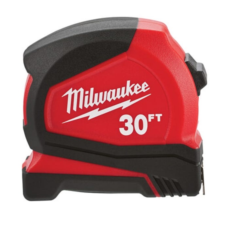 Milwaukee 48-22-6630 Compact Measuring Tape with Belt Clip, 30 ft L x 25 mm W Blade, Steel Blade, 1/16 in, 1/8 in, 1/4 in, 1/2 in Graduation