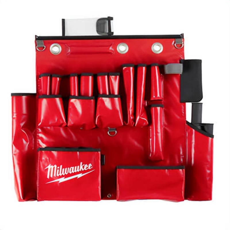 Milwaukee 48-22-8290 Soft Sided Aerial Tool Apron, L, 25 Pockets, Durable Vinyl, Black/Red/Gray
