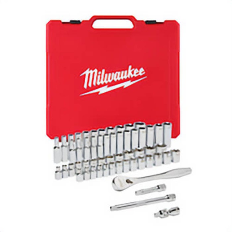 Milwaukee 48-22-9008 Ratchet and Socket Set, Case Tool Storage, 4 Arc Swing, 1/2 in Drive, 56 pc, Steel
