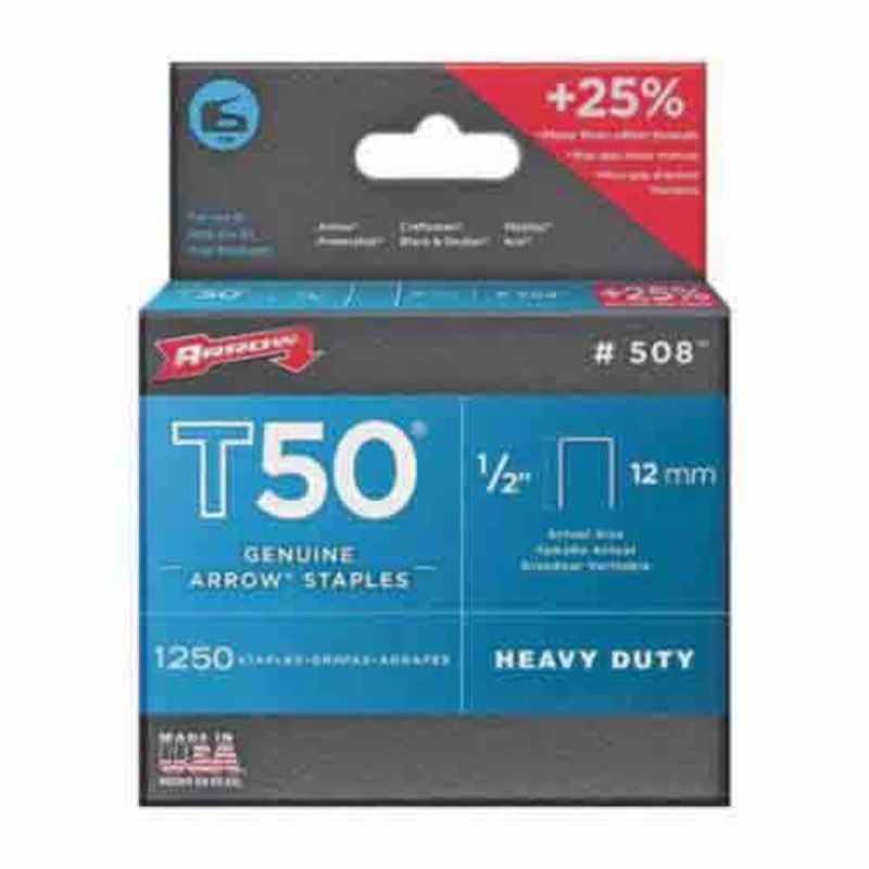 Arrow 50824 T50 Heavy Duty Staples, 1/2 in L Leg, 3/8 in W Crown, Steel