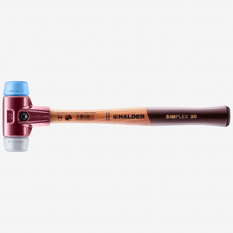 Halder Simplex Mallet with Soft Blue Rubber/Grey Rubber Inserts and Cast Iron Housing, 1.18" / 11.99 oz.