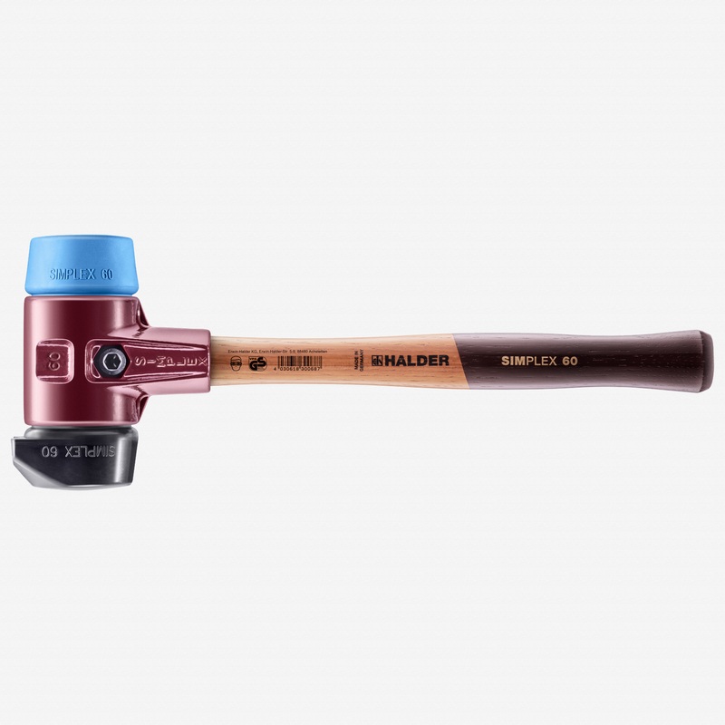Halder Simplex Mallet with Soft Blue Rubber/STAND-UP Black Rubber Inserts and Cast Iron Housing, 2.36" / 52.91 oz.