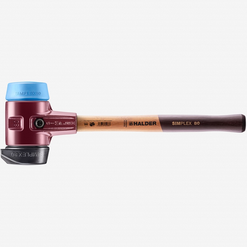 Halder Simplex Mallet with Soft Blue Rubber/STAND-UP Black Rubber Inserts and Cast Iron Housing, 3.15" / 100.71 oz.