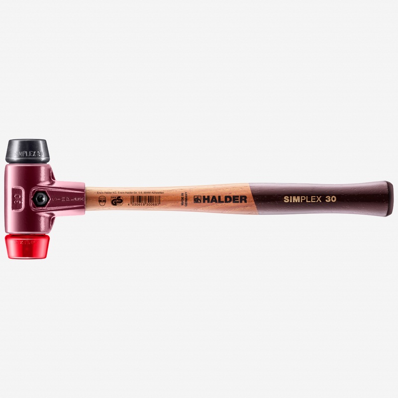 Halder Simplex Mallet with Black Rubber/Red Plastic Inserts and Cast Iron Housing, 1.18" / 12.17 oz.