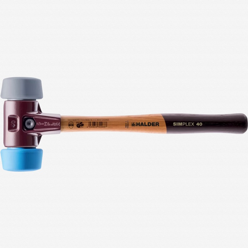 Halder Simplex Mallet with Soft Blue Rubber/Grey Rubber Inserts and Cast Iron Housing, 1.97" / 37.75 oz.