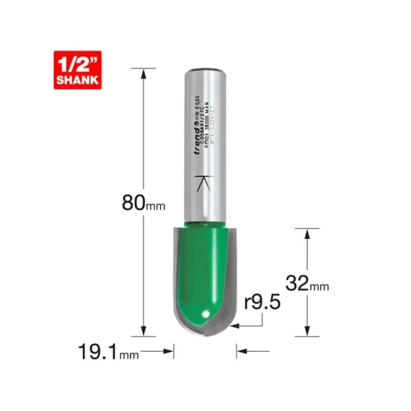 TREND Trend CraftPro 1/2" TCT 9.5mm Radius Draining Groove Router Cutter, 19mm x 32mm