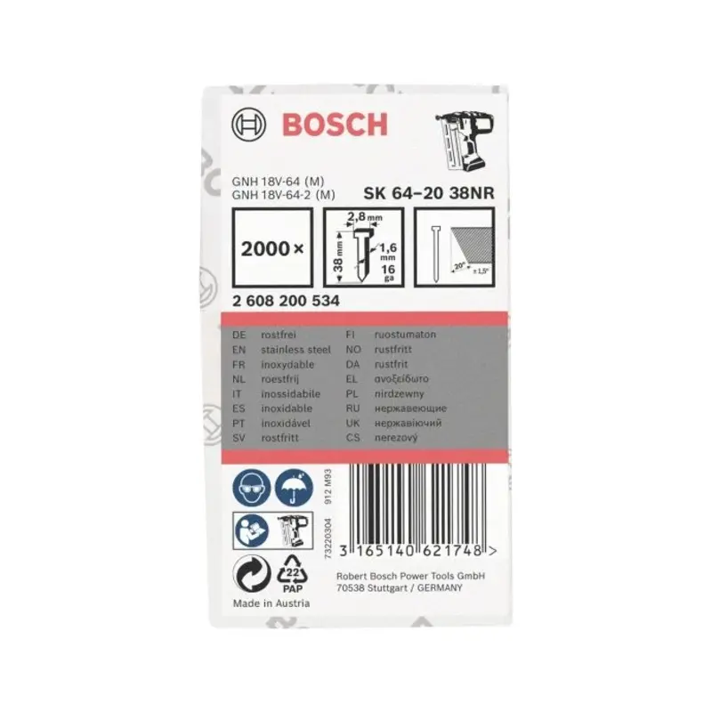 Bosch Stapling Nail SK64-20 38MM S/Steel