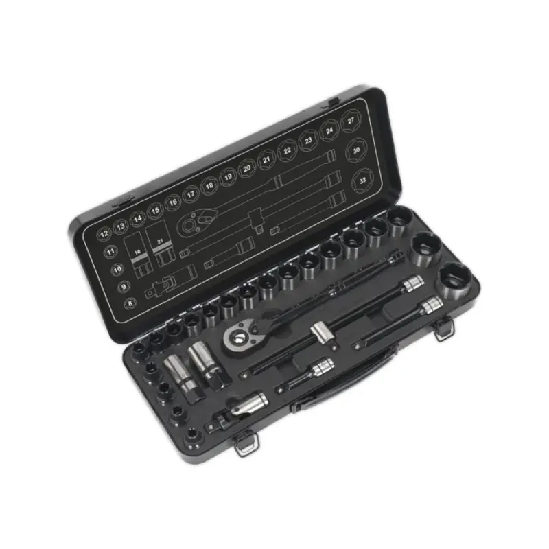 Sealey Socket Set 28pc 1/2"Sq Drive 6pt WallDrive Metric Black Series