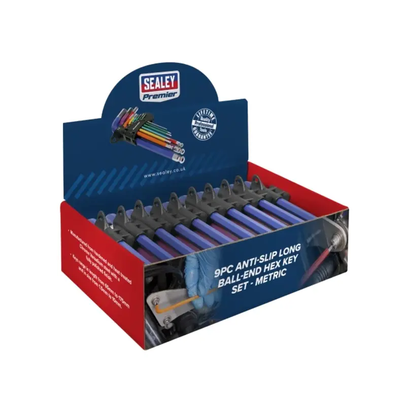 Sealey Ball-End Hex Key Set 9pc Colour-Coded Long Metric - Display Box of 10