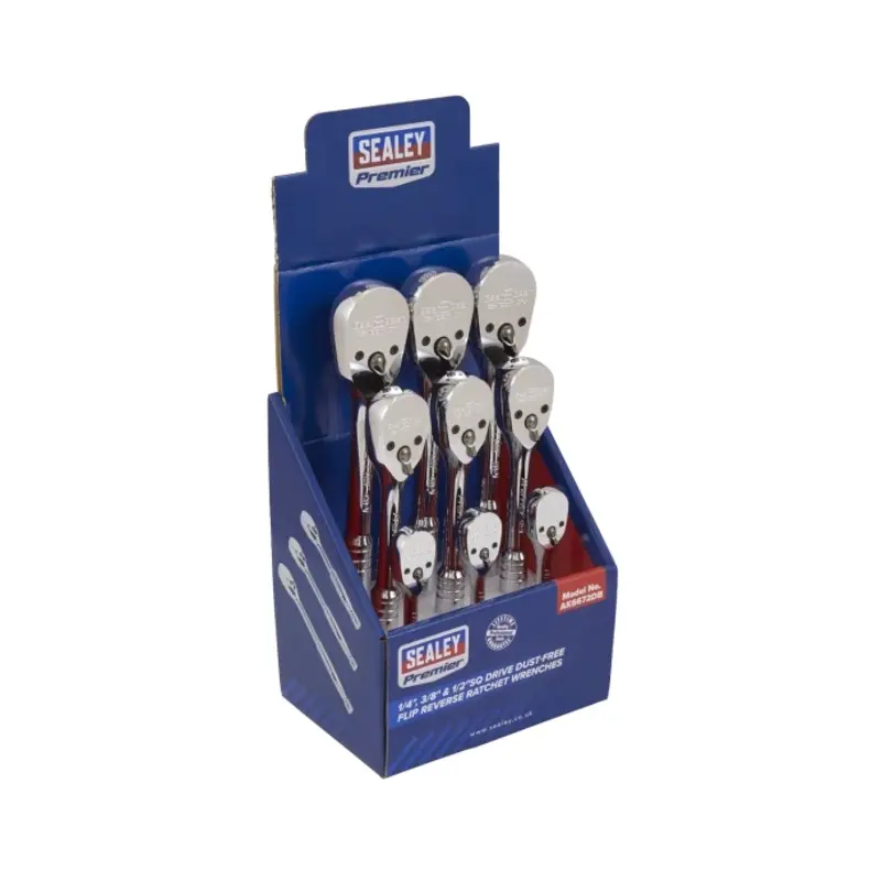 Sealey Ratchet Wrenches 1/4", 3/8" & 1/2"Sq Drive Pear-Head Flip Reverse Display Box of 9