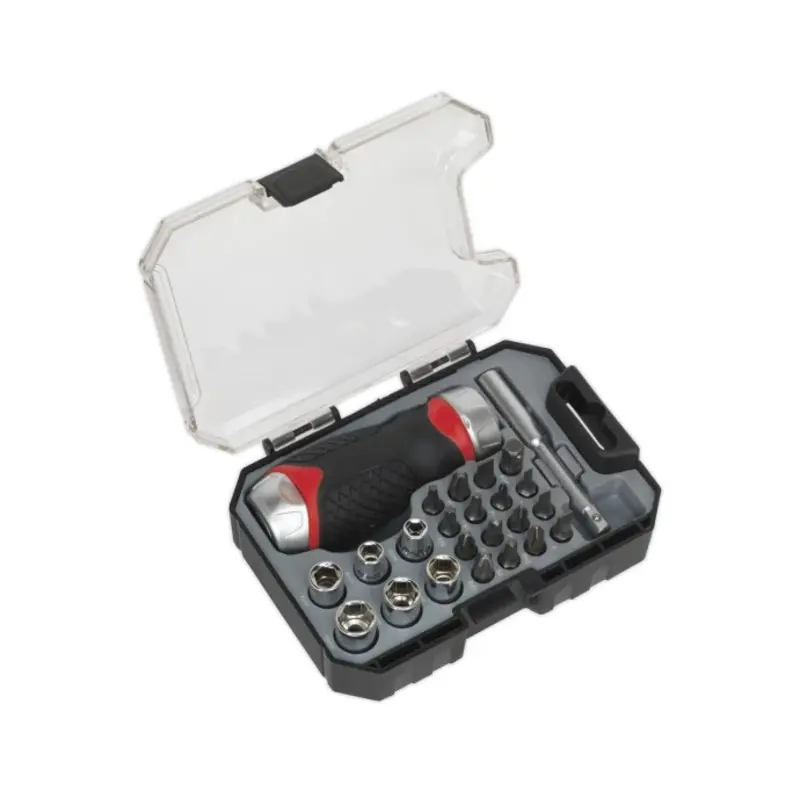 Sealey Fine Tooth Ratchet Screwdriver Socket & Bit Set 24pc Stubby