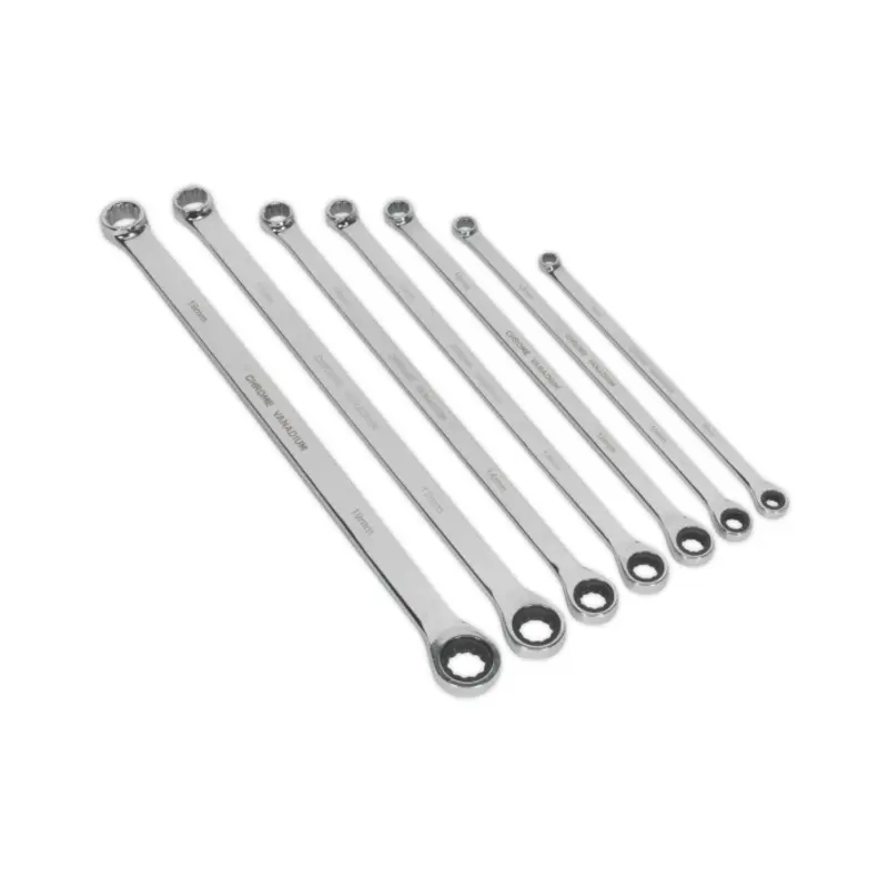 Sealey Double Ring Ratchet/Fixed Spanner Set 7pc Extra-Long Metric