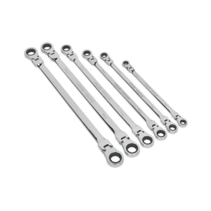 Sealey Flexi-Head Double End Ratchet Ring Spanner Set 6pc Extra-Long Metric