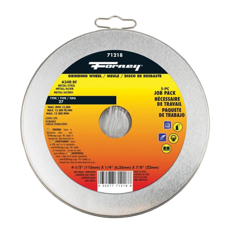 Forney 71218 Grinding Wheel, Type 27 Wheel, 4-1/2 in Dia, 1/4 in Thick, 7/8 in Arbor, Aluminum Oxide Abrasive